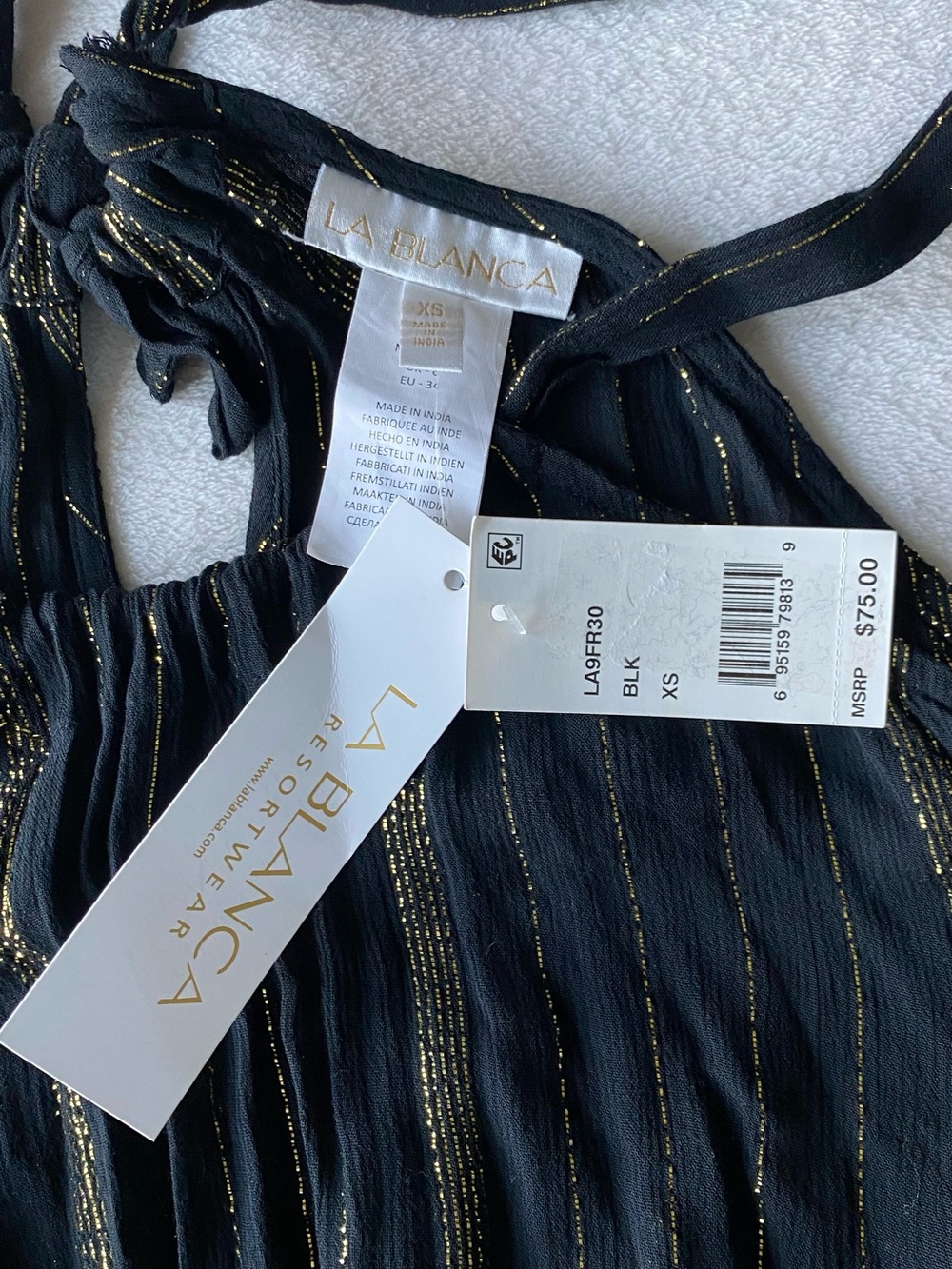 La Blanca Black Gold Shimmer Metallic Getaway Smocked Dress Coverup XS NWT - Picture 11 of 16